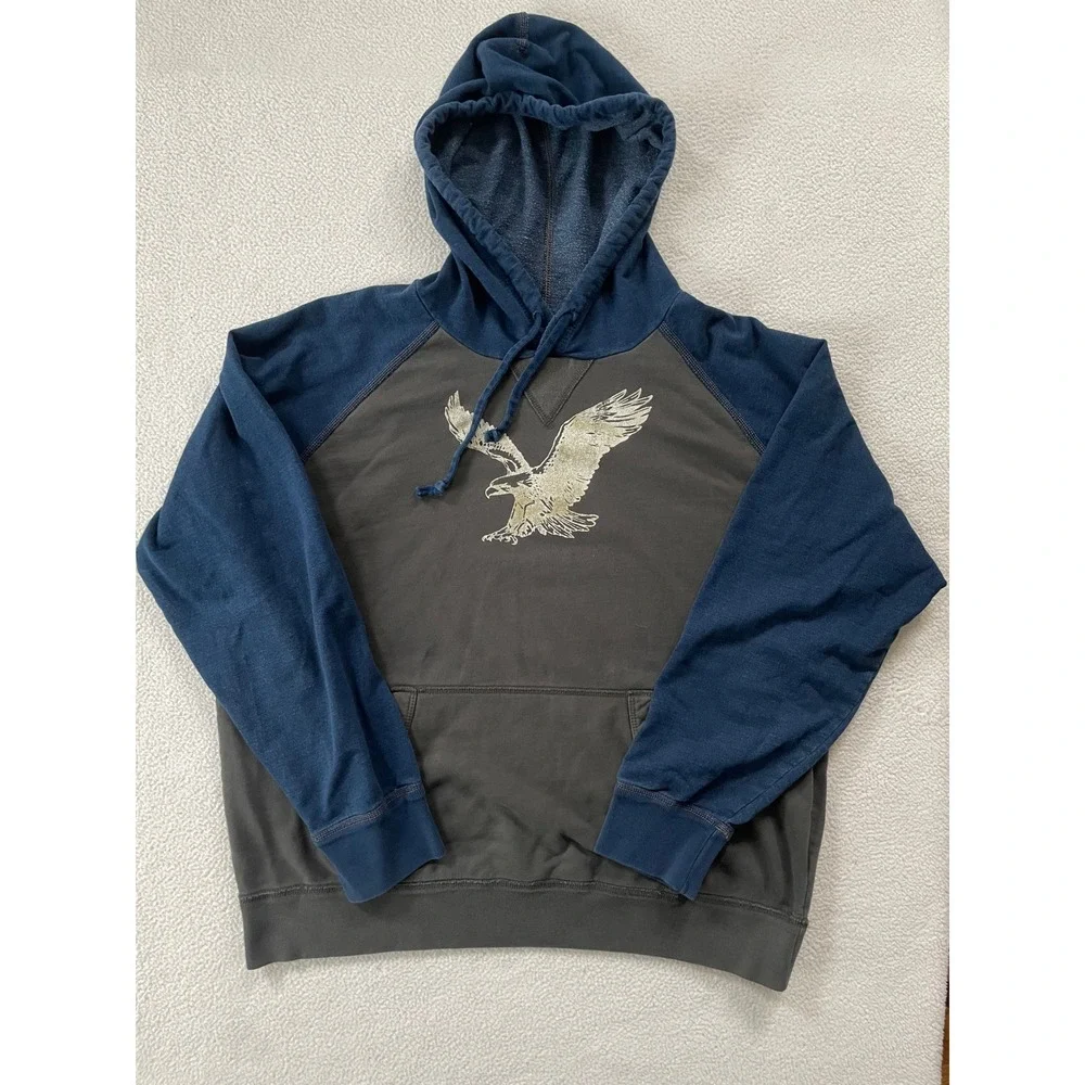 American Eagle Mens XL Hoodie Gray Blue Distressed Eagle Graphic Raglan Pullover